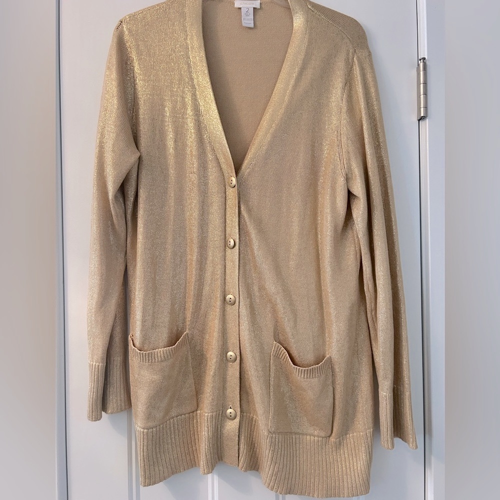 Chico’s Shimmery Cardigan Sweater 2//12 Metallic Gold Glam Lightweight Spring
